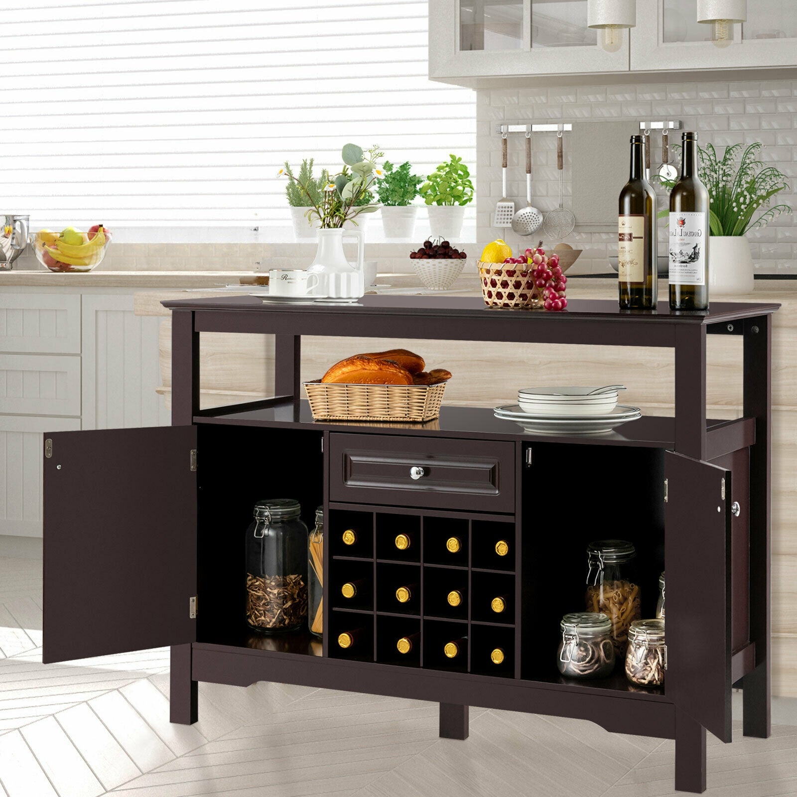 Elegant Classical Multifunctional Wooden Wine Cabinet Table Brown