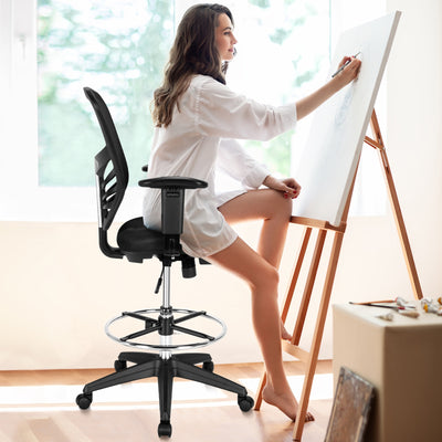 Mesh Drafting Chair Office Chair with Adjustable Armrests and Foot-Ring-BlackÂ 