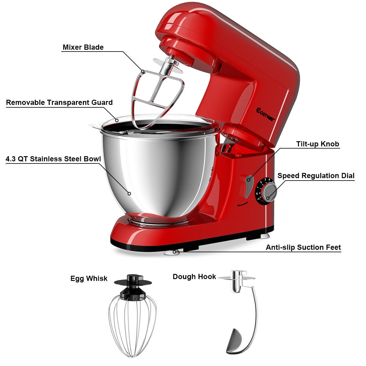 4.3 Qt 550 W Tilt-Head Stainless Steel Bowl Electric Food Stand Mixer-Red