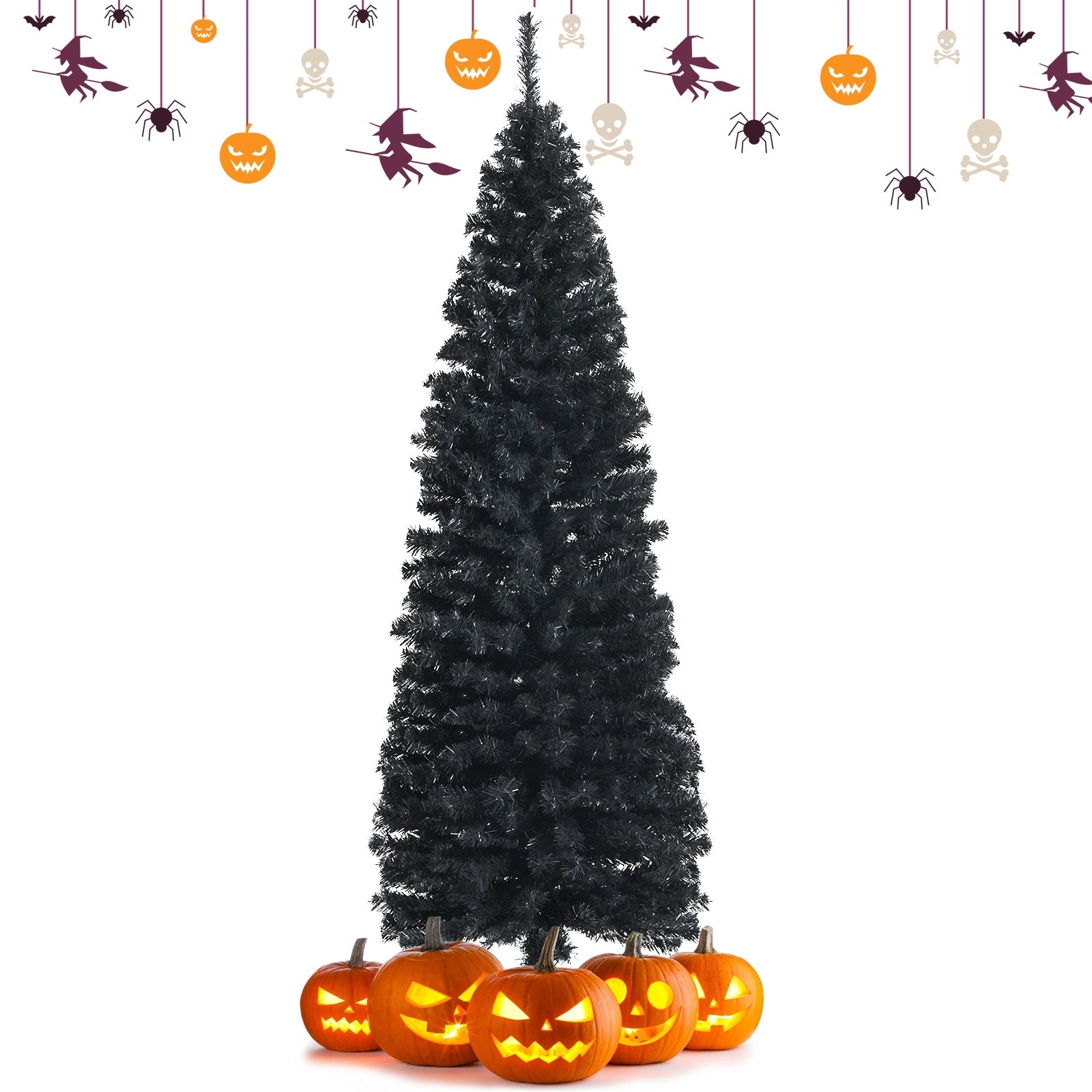 6 Feet Unlit Artificial Christmas Halloween Pencil Tree Black with Metal Stand-Black