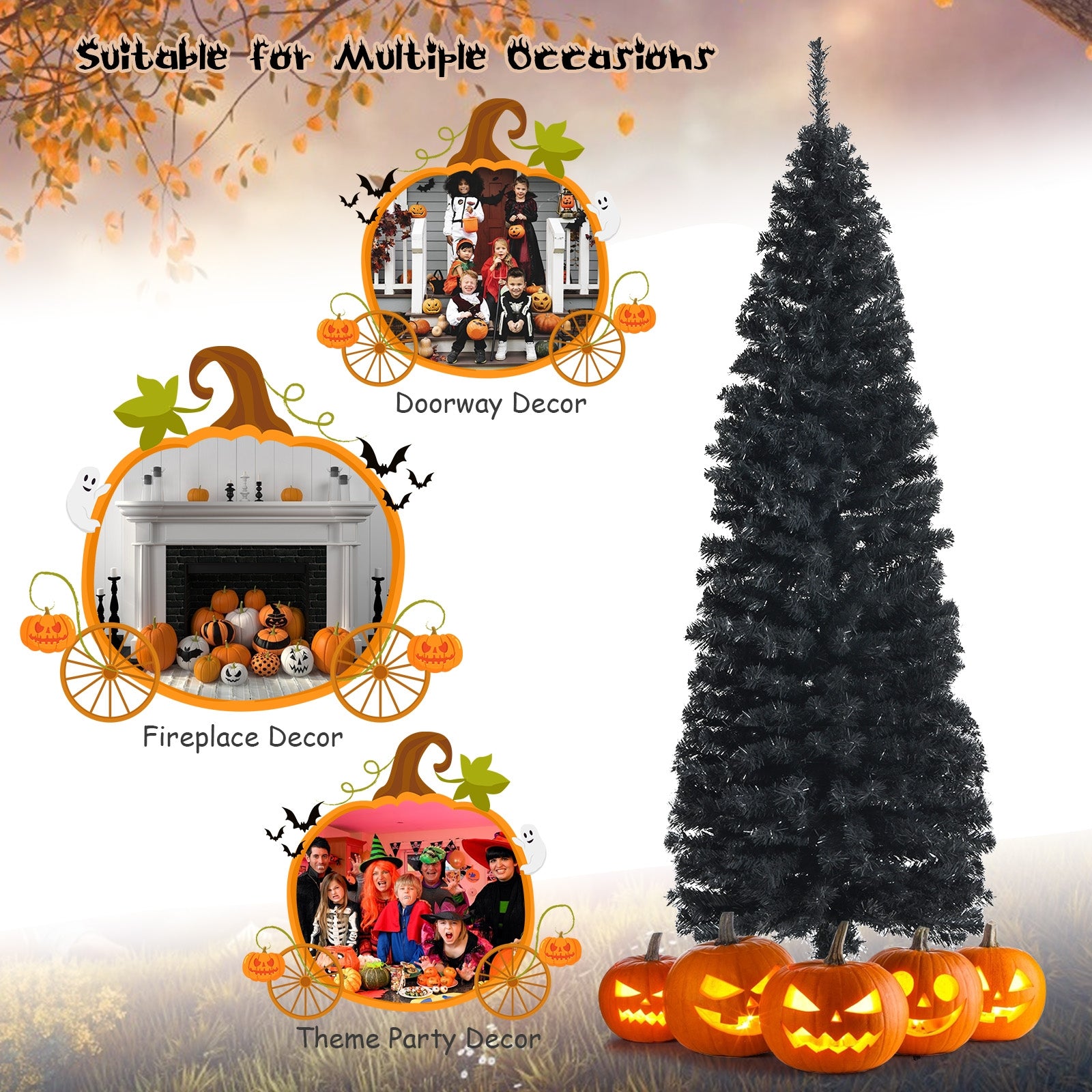 6 Feet Unlit Artificial Christmas Halloween Pencil Tree Black with Metal Stand-Black