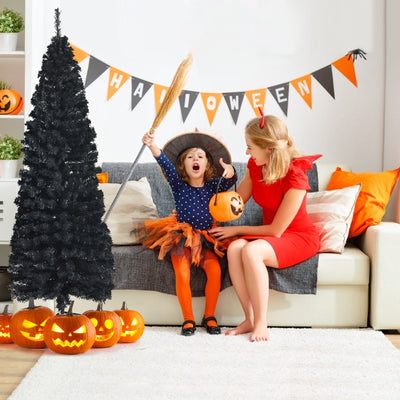 6 Feet Unlit Artificial Christmas Halloween Pencil Tree Black with Metal Stand-BlackÂ 
