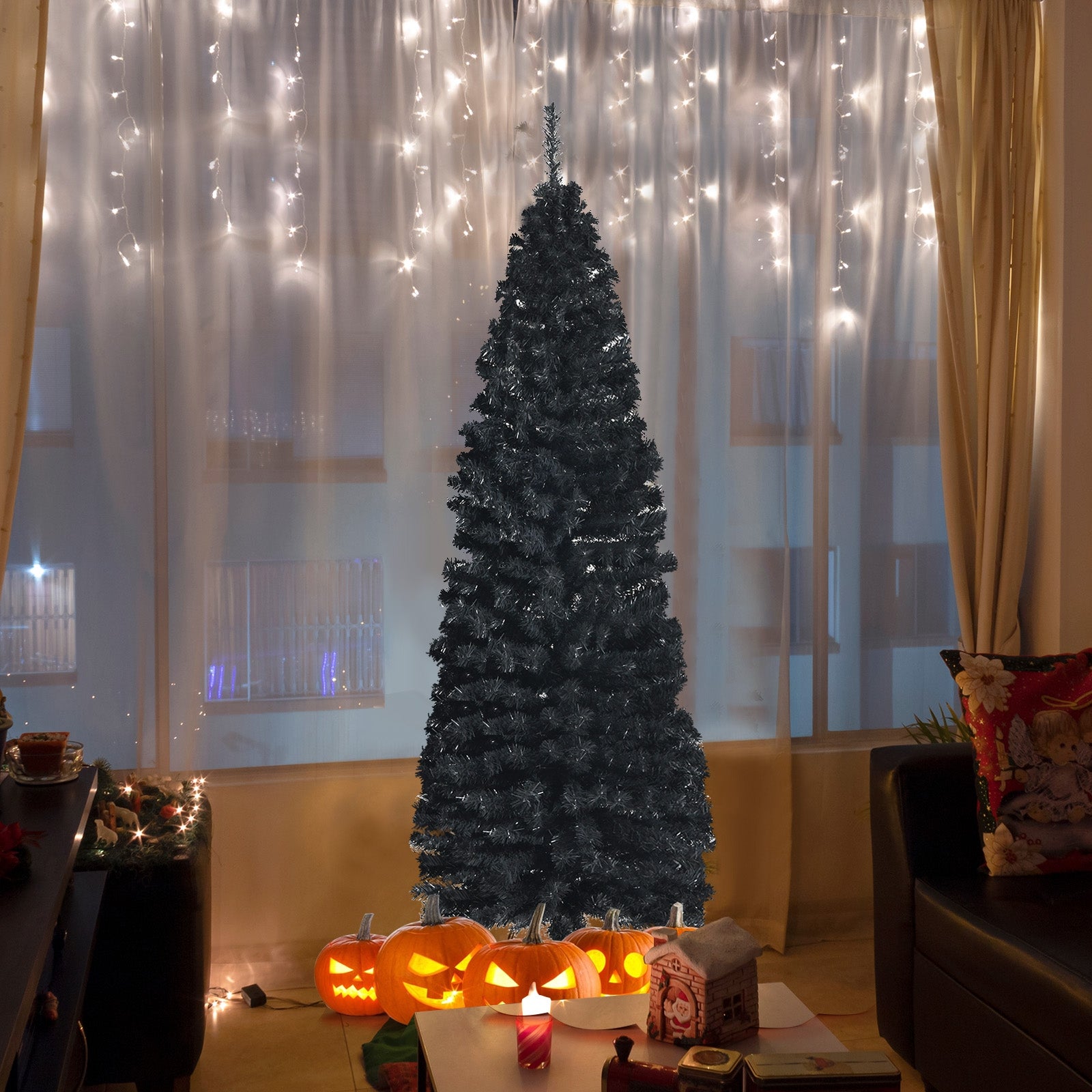 6 Feet Unlit Artificial Christmas Halloween Pencil Tree Black with Metal Stand-Black