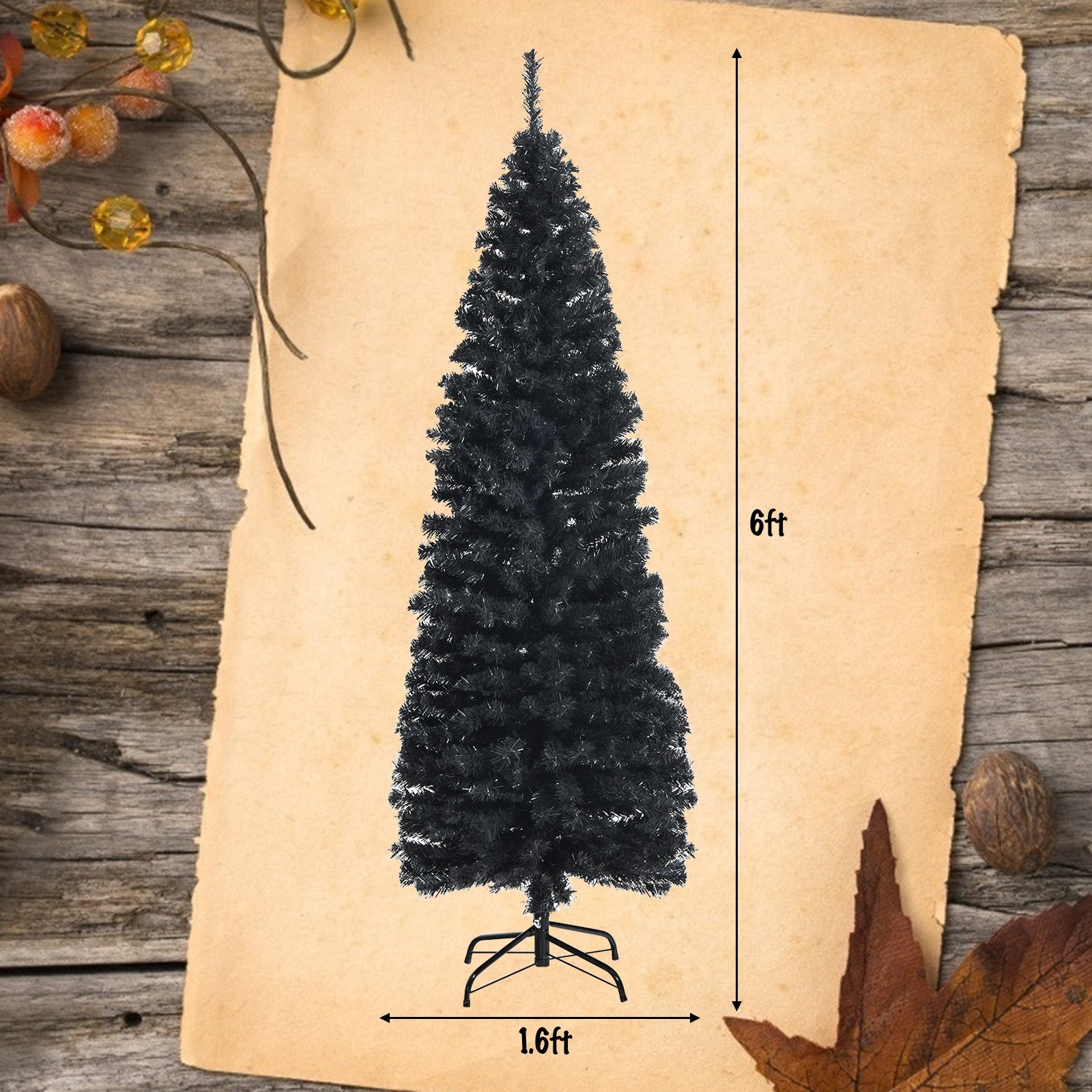 6 Feet Unlit Artificial Christmas Halloween Pencil Tree Black with Metal Stand-Black