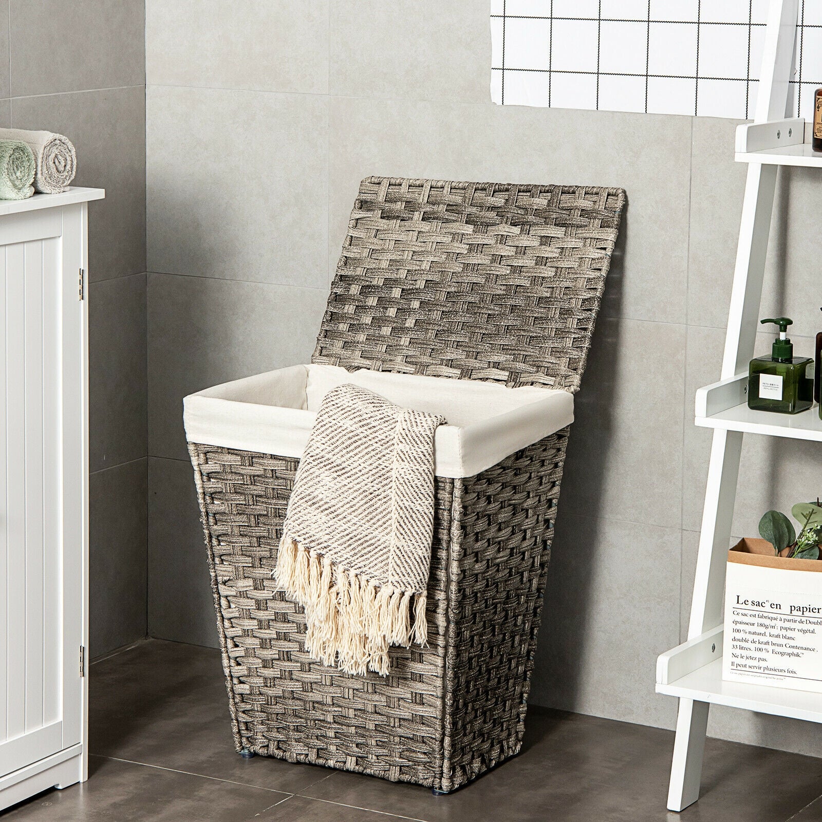 Foldable Handwoven Laundry Hamper with Removable Liner-GrayÂ 