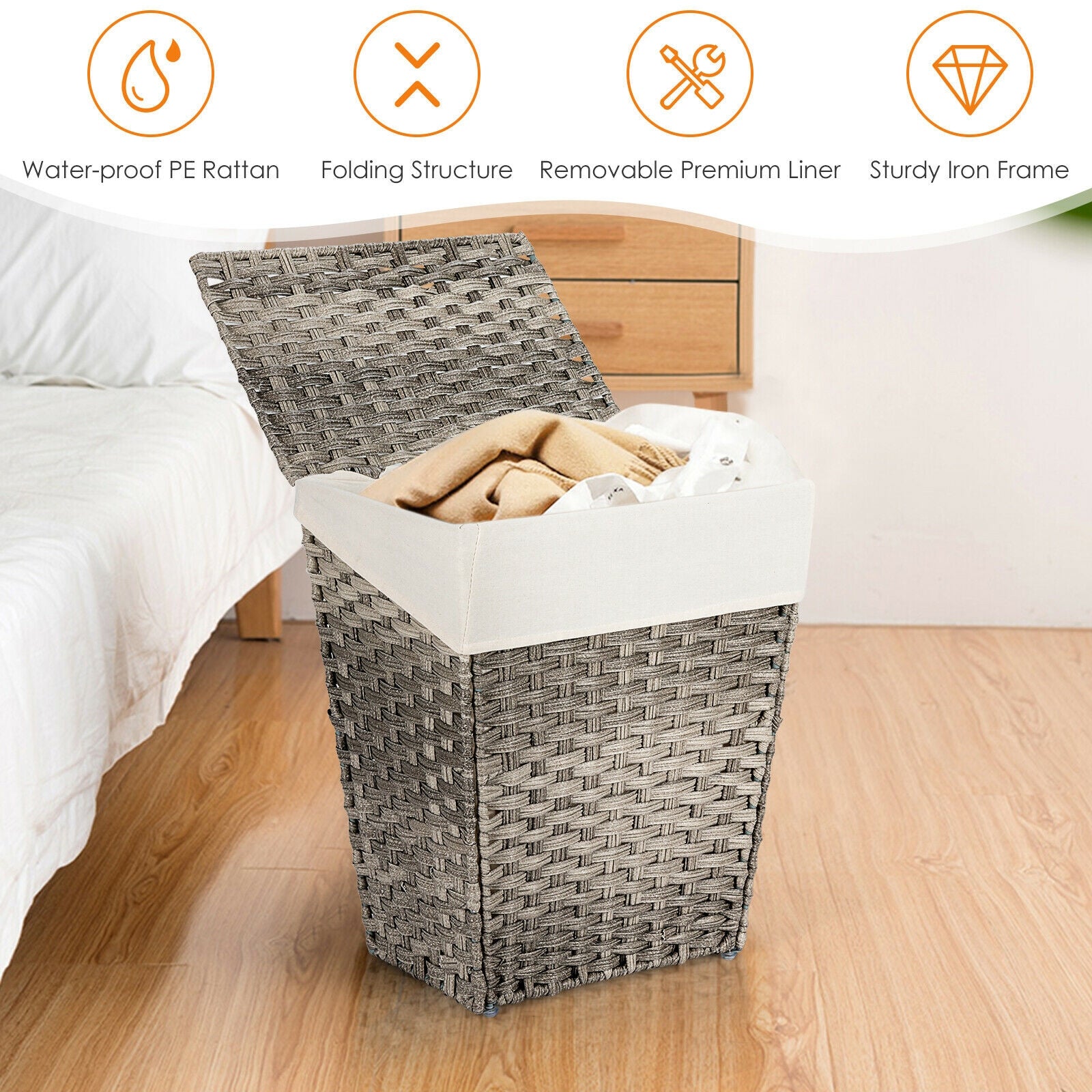 Foldable Handwoven Laundry Hamper with Removable Liner-Gray