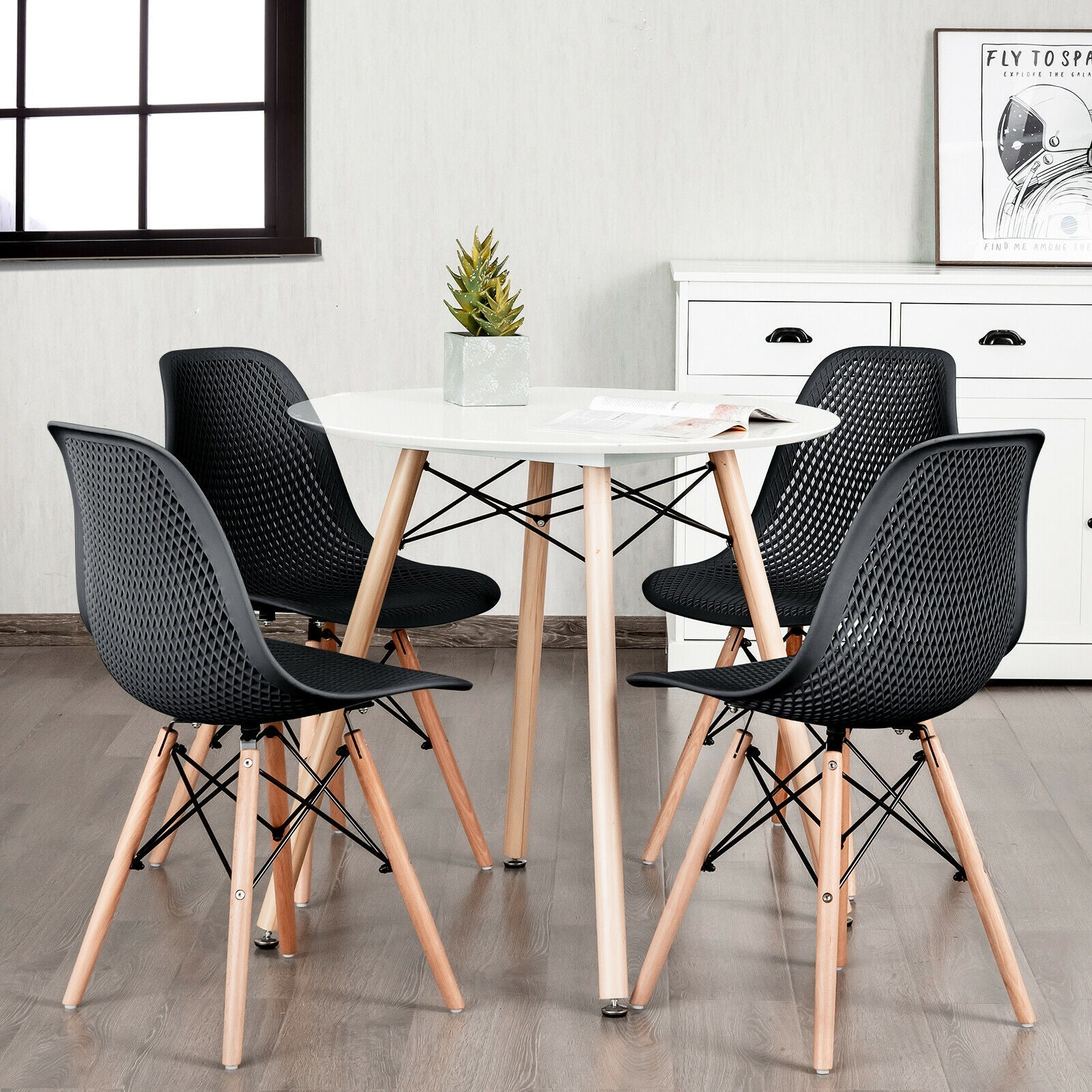 4 Pieces Modern Plastic Hollow Chair Set with Wood Leg-BlackÂ 