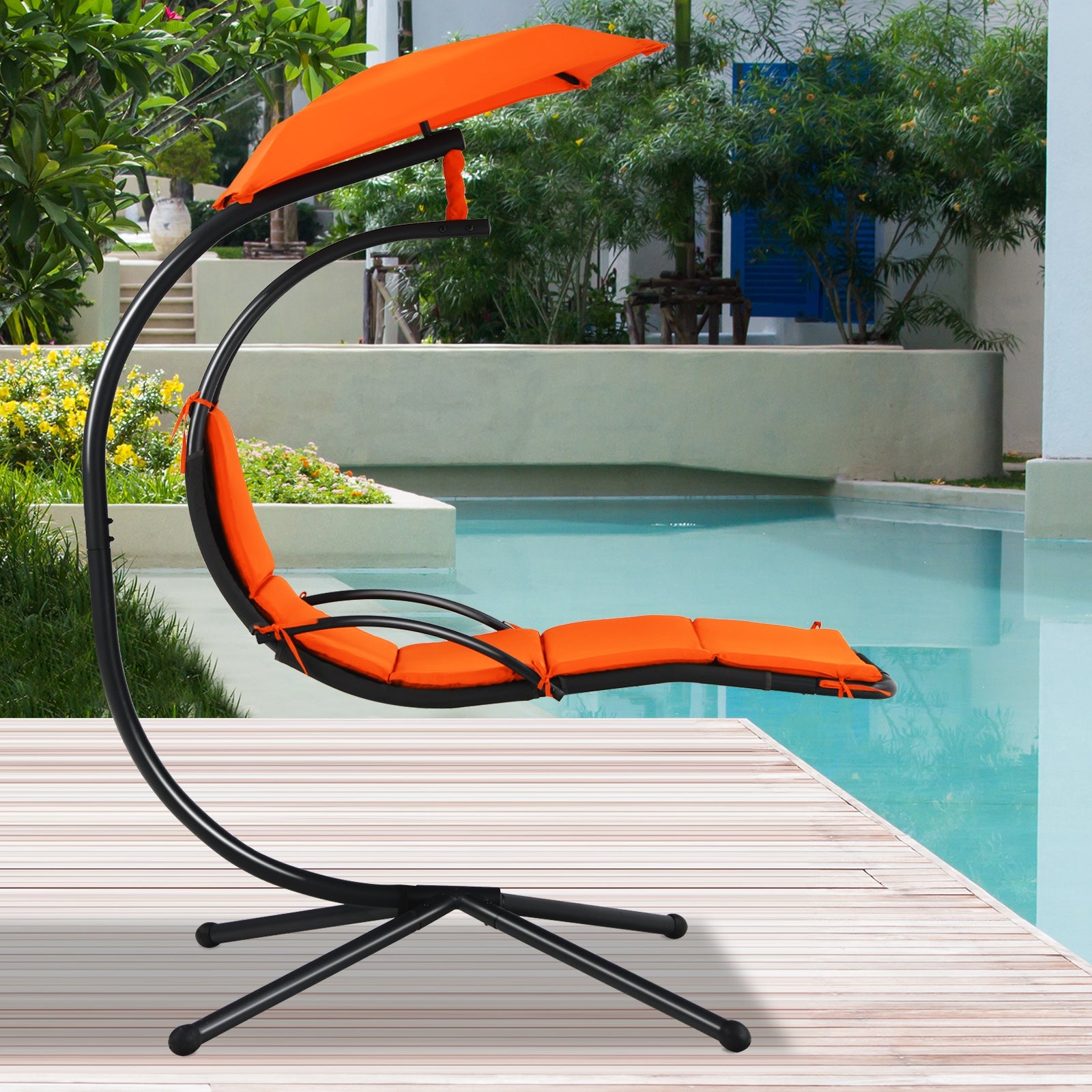 Patio Hanging Hammock Chaise Lounge Chair with Canopy Cushion for Outdoors-Orange