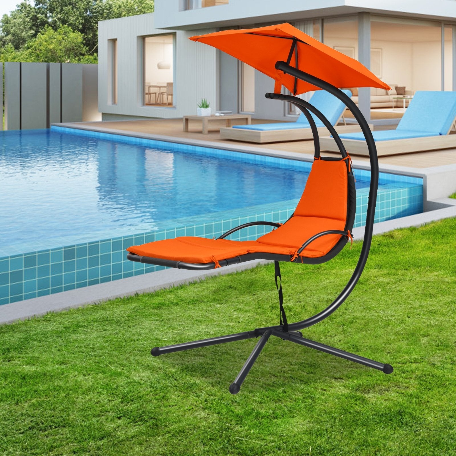 Patio Hanging Hammock Chaise Lounge Chair with Canopy Cushion for Outdoors-Orange