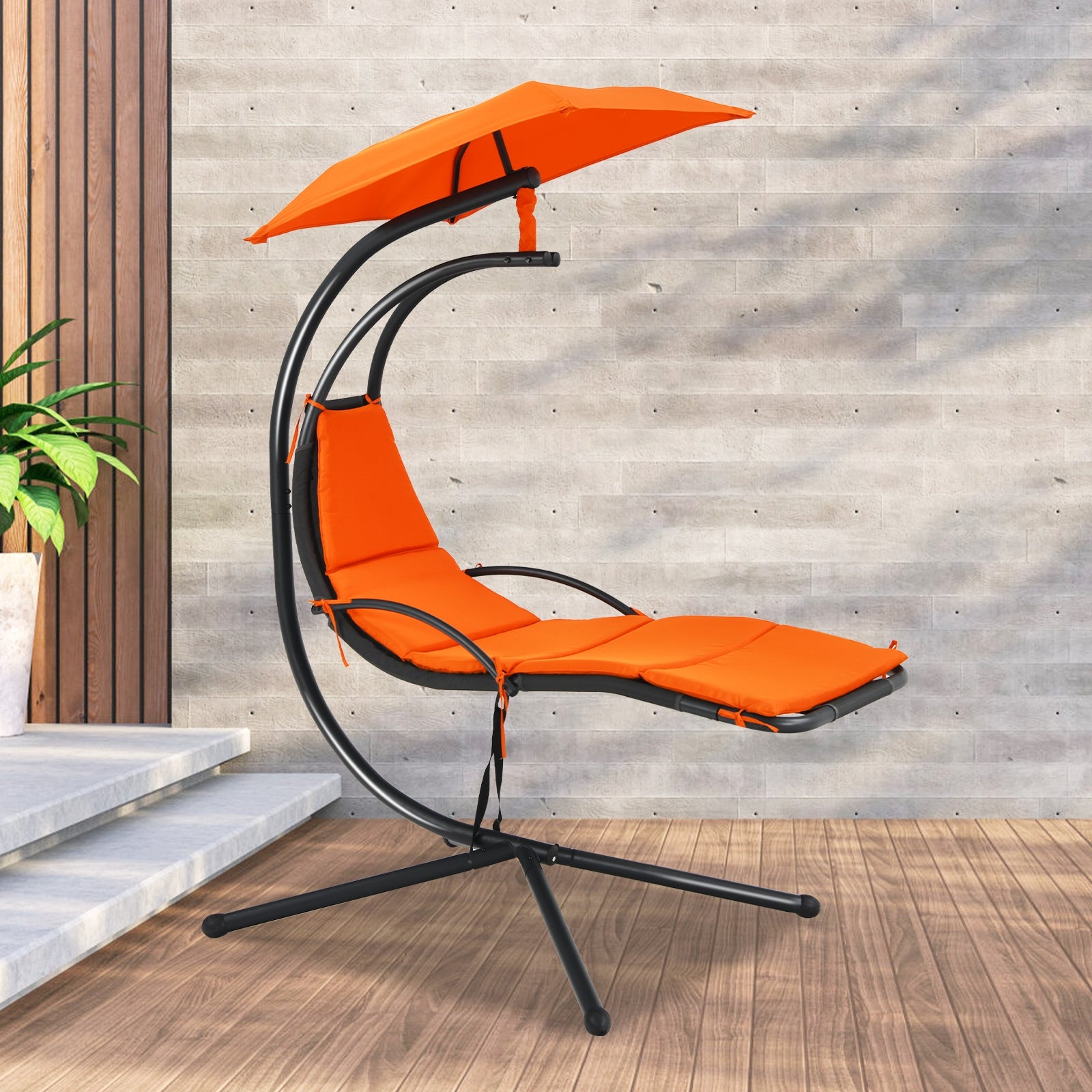 Patio Hanging Hammock Chaise Lounge Chair with Canopy Cushion for Outdoors-Orange