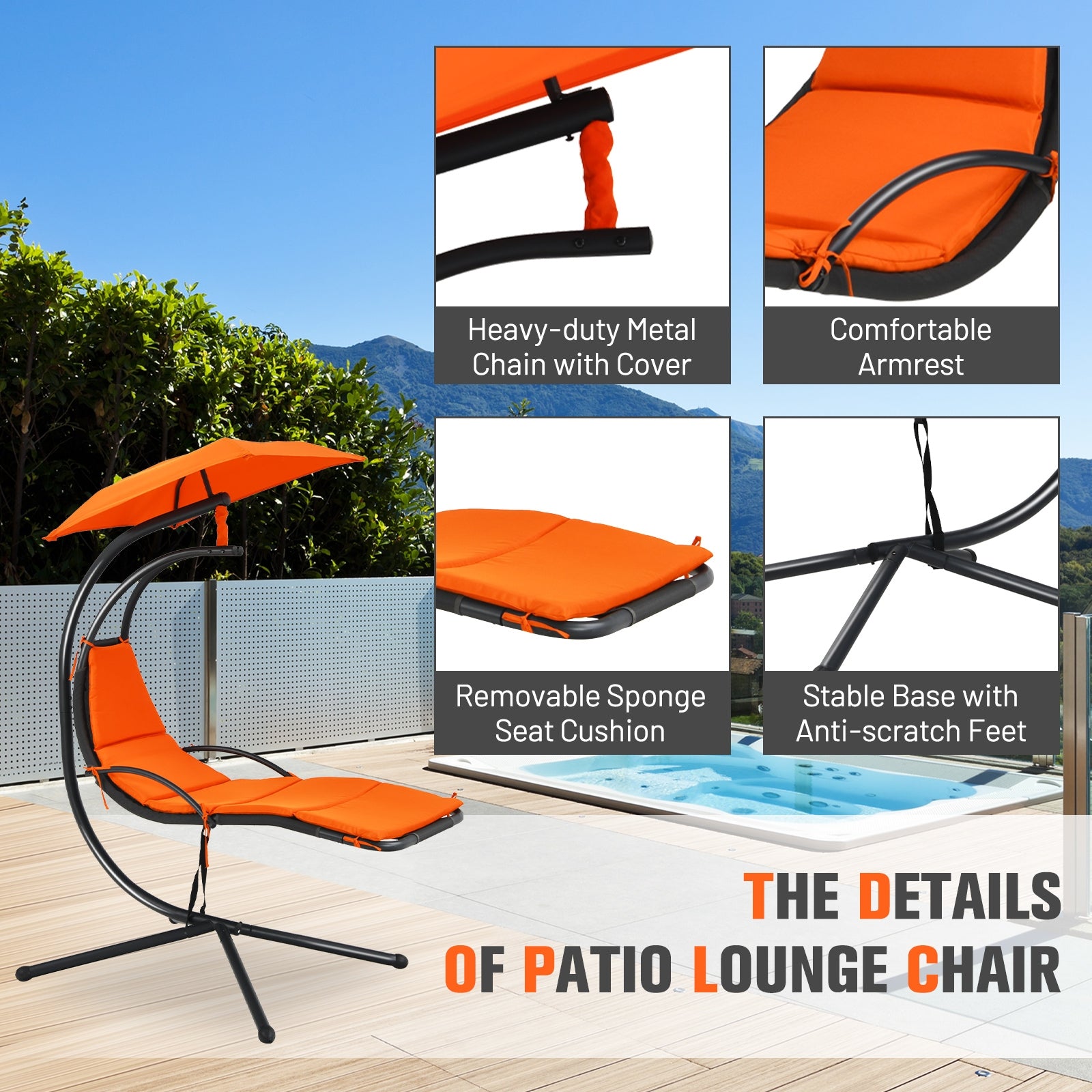 Patio Hanging Hammock Chaise Lounge Chair with Canopy Cushion for Outdoors-Orange