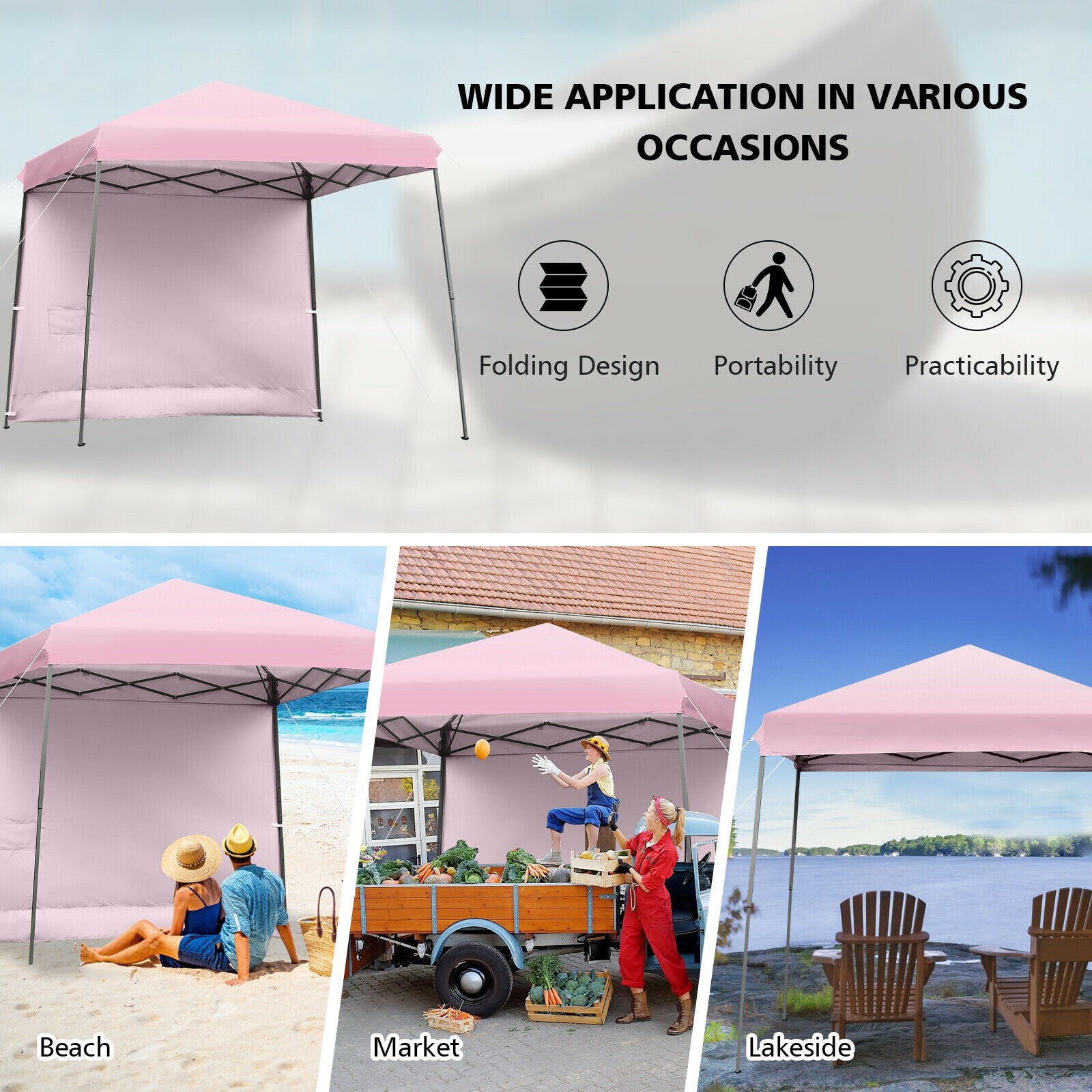 10 x 10 Feet Pop Up Tent Slant Leg Canopy with Detachable Side Wall-Pink