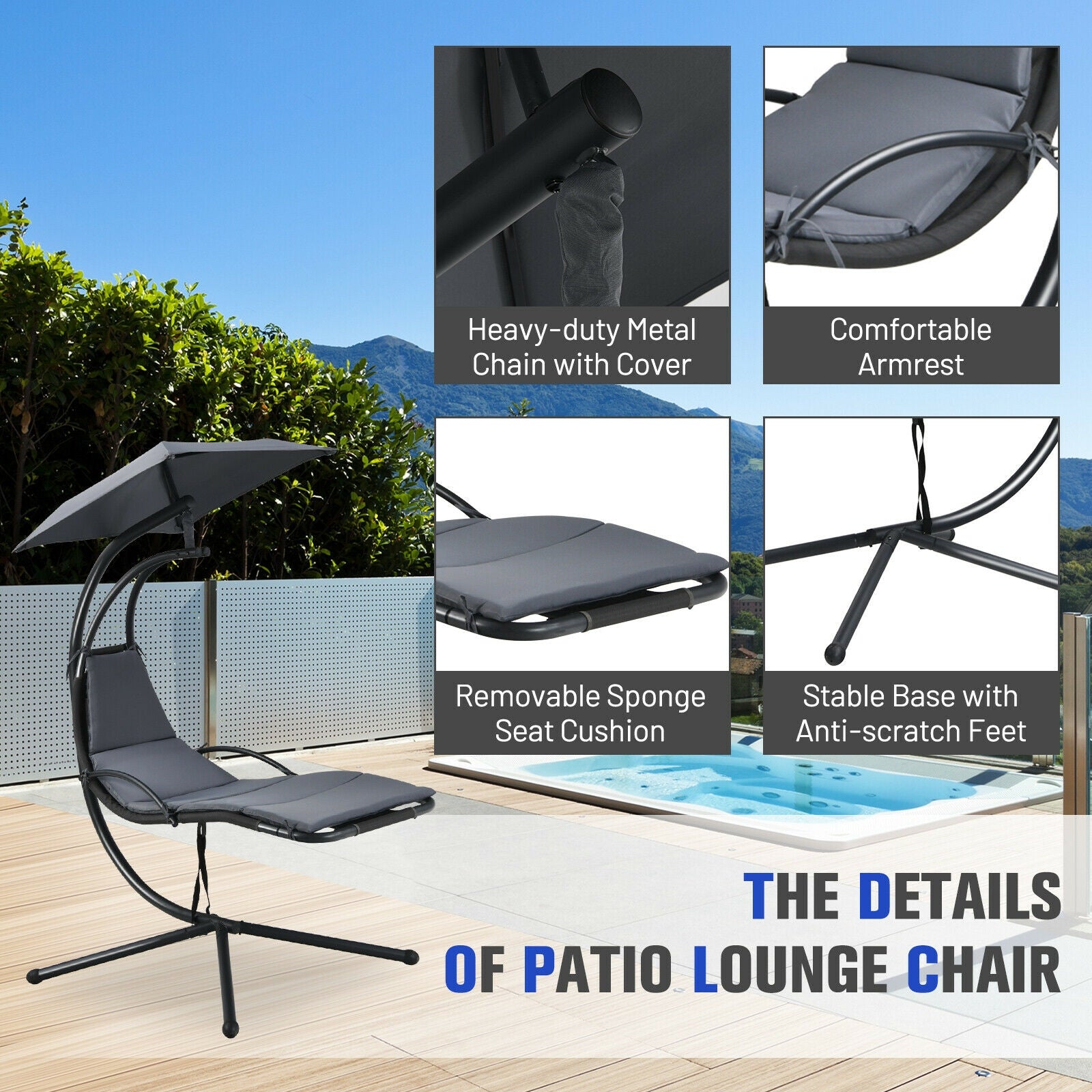 Patio Hanging Hammock Chaise Lounge Chair with Canopy Cushion for Outdoors-Gray