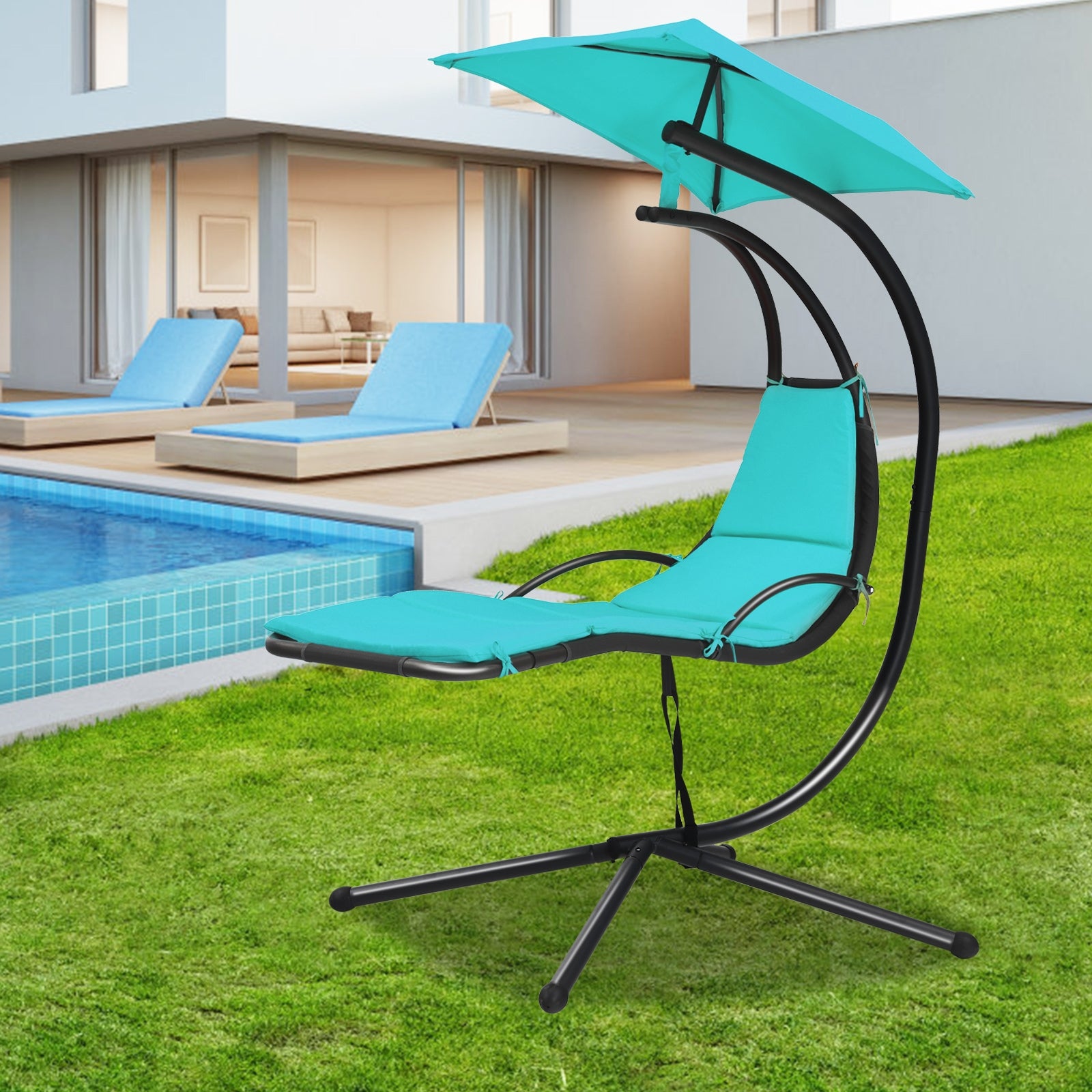 Patio Hanging Hammock Chaise Lounge Chair with Canopy Cushion for Outdoors-Turquoise