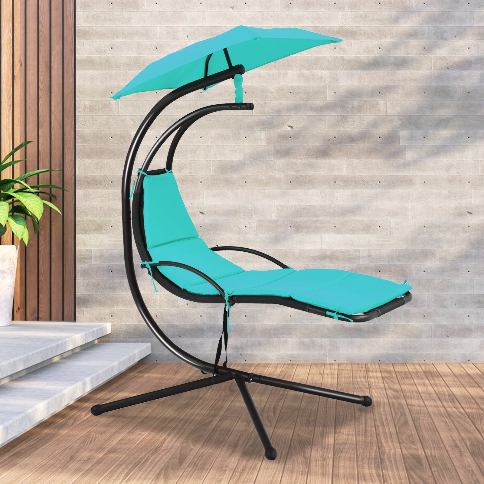 Patio Hanging Hammock Chaise Lounge Chair with Canopy Cushion for Outdoors-Turquoise