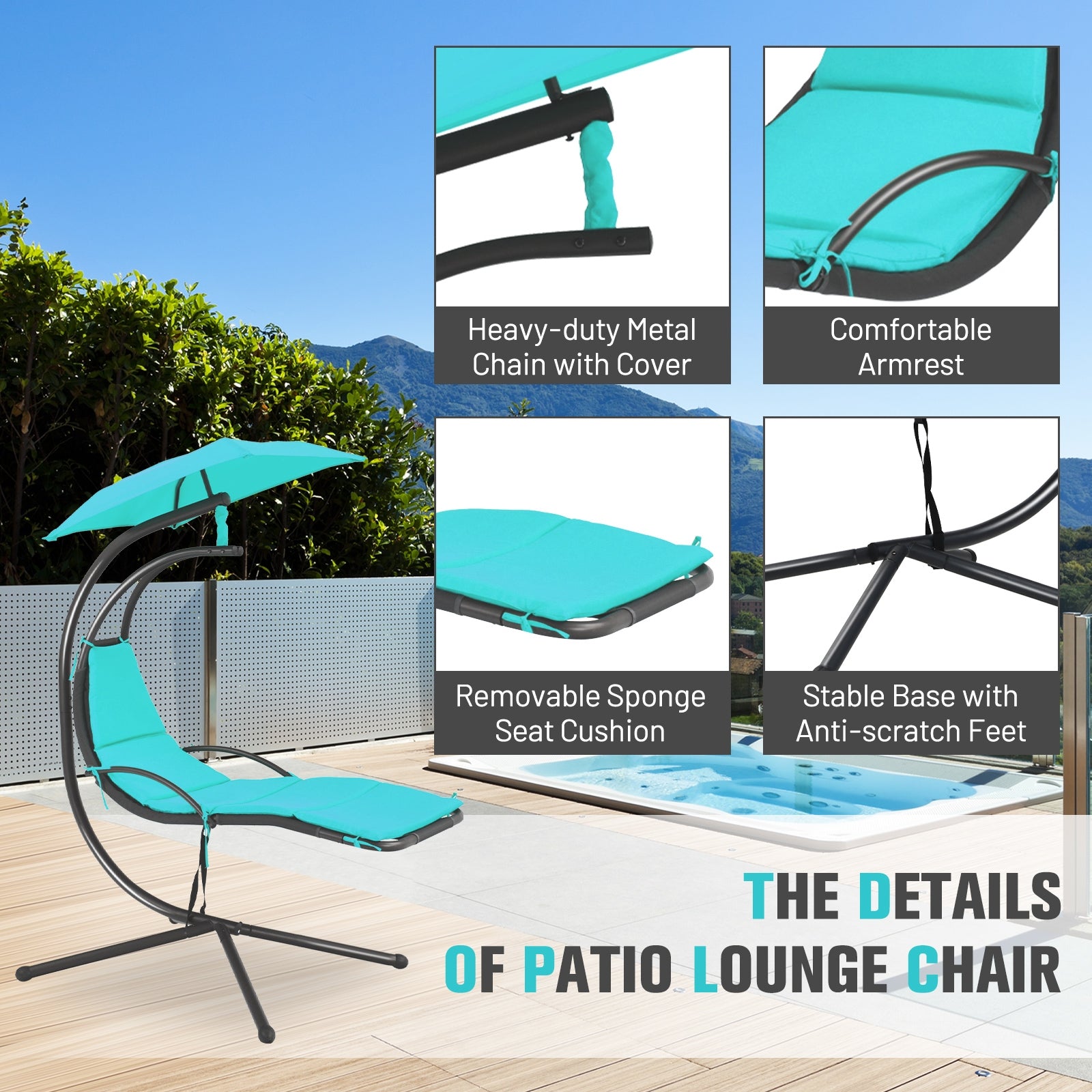 Patio Hanging Hammock Chaise Lounge Chair with Canopy Cushion for Outdoors-Turquoise