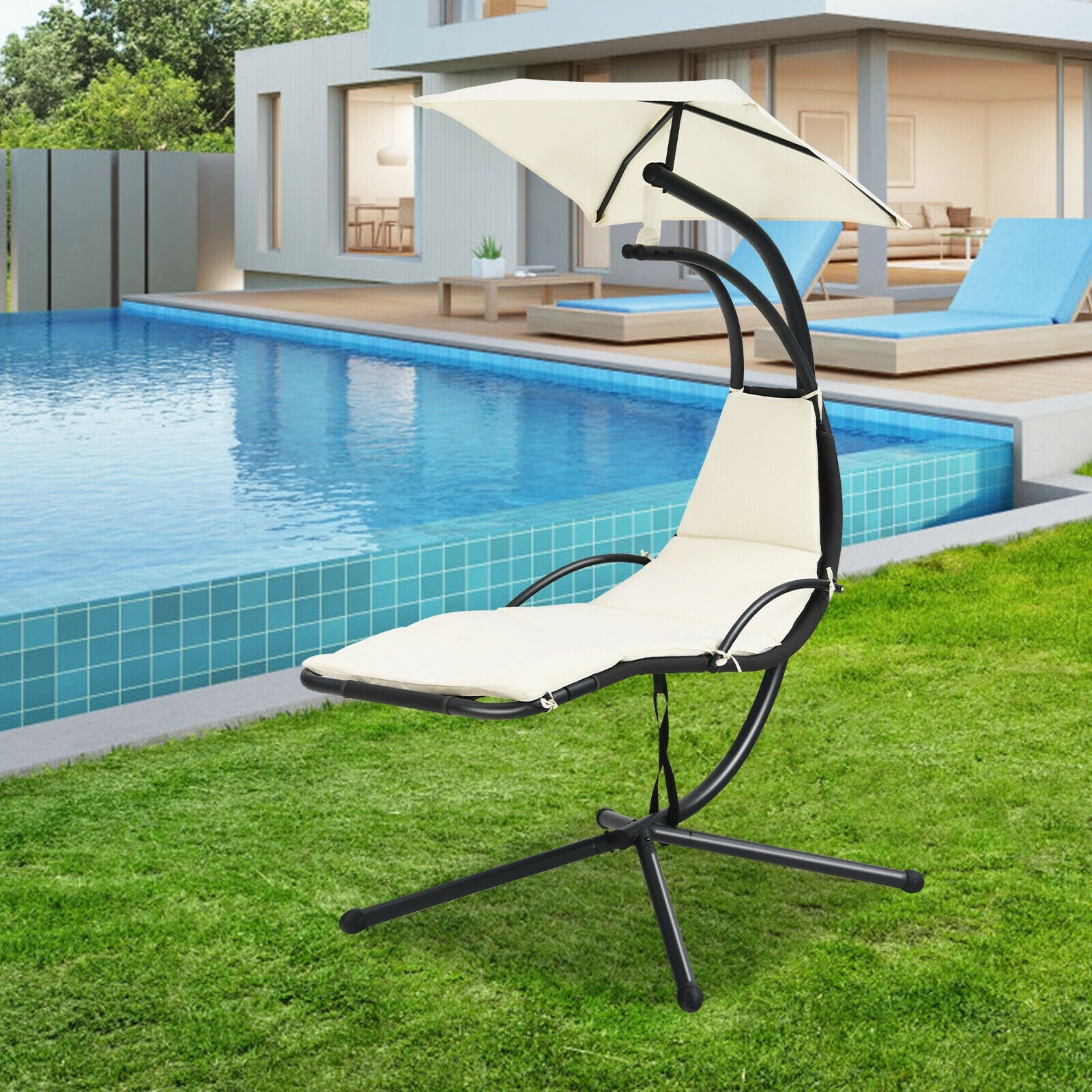 Patio Hanging Hammock Chaise Lounge Chair with Canopy Cushion for Outdoors-Beige