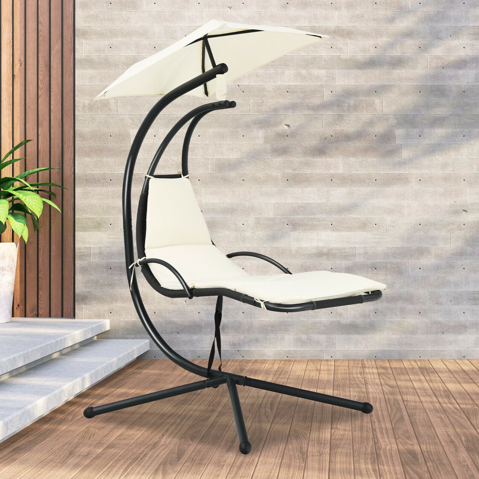 Patio Hanging Hammock Chaise Lounge Chair with Canopy Cushion for Outdoors-Beige