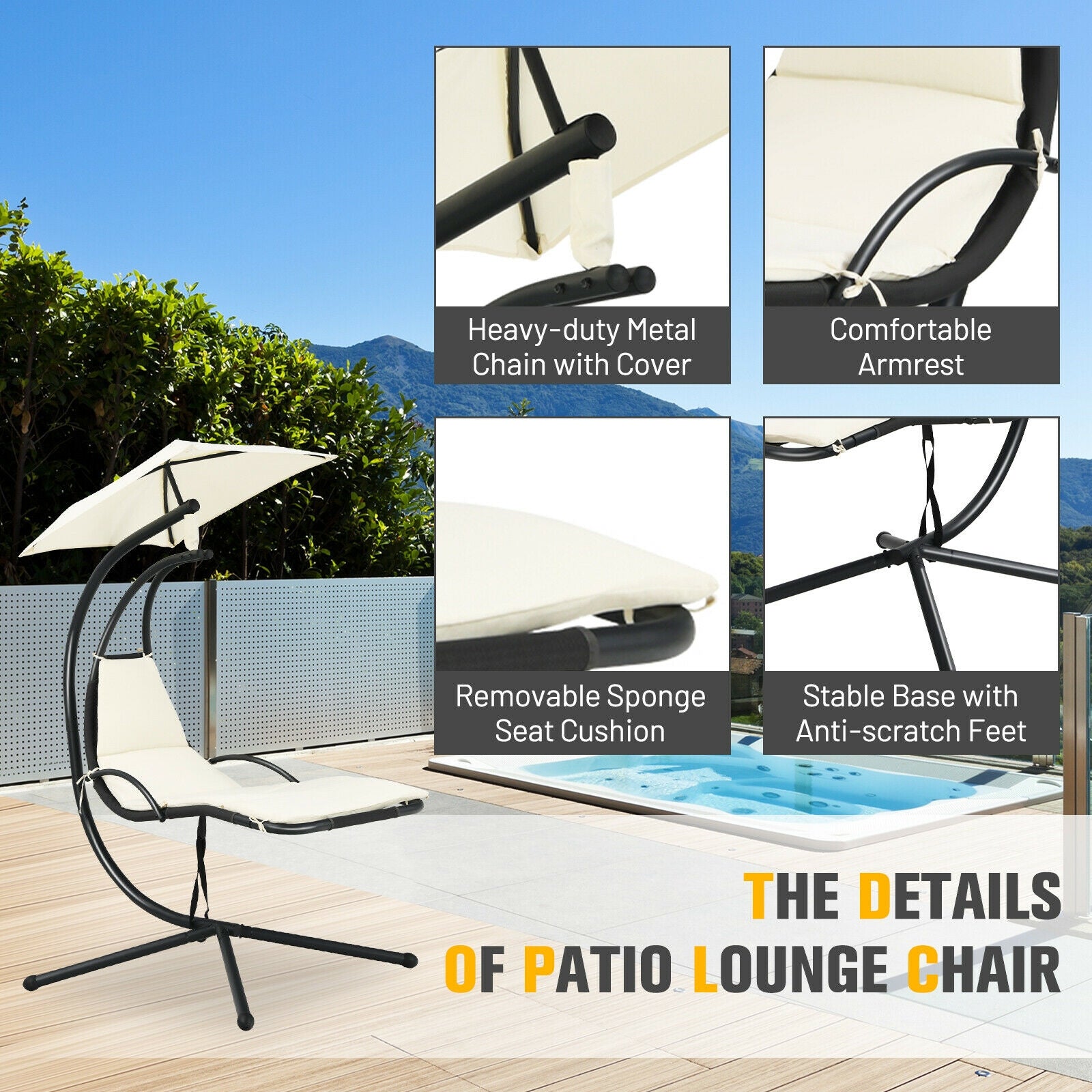 Patio Hanging Hammock Chaise Lounge Chair with Canopy Cushion for Outdoors-Beige