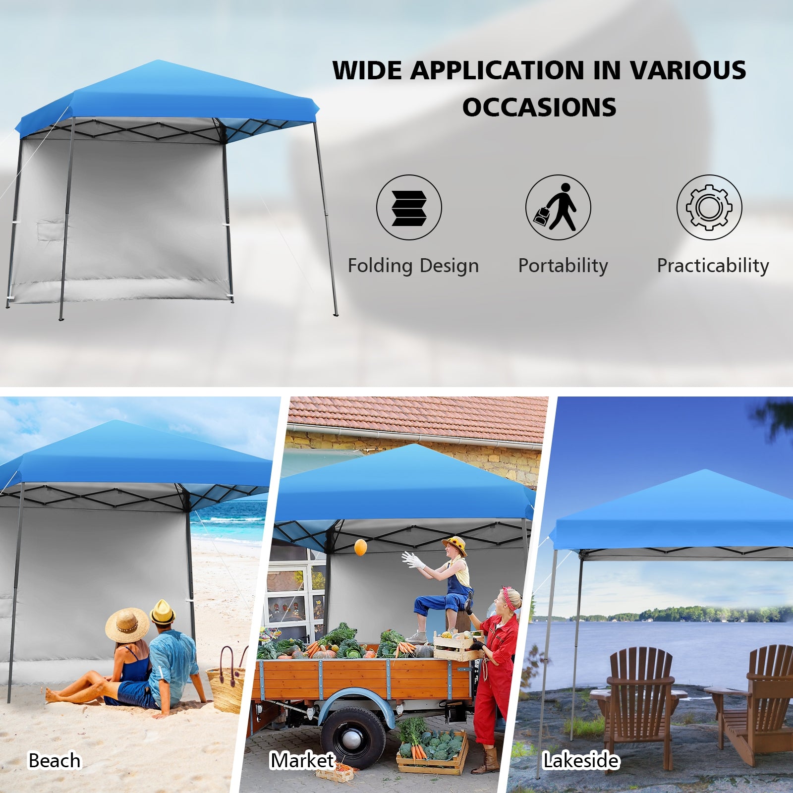 10 x 10 Feet Pop Up Tent Slant Leg Canopy with Detachable Side Wall-Blue