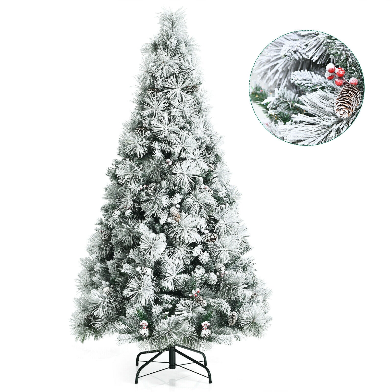 6 Feet Snow Flocked Christmas Tree with Pine Cone and Red Berries