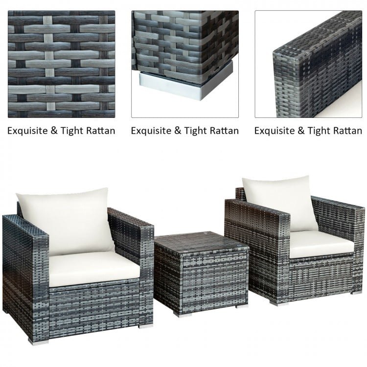 3 Pcs Patio Rattan Furniture Bistro Sofa Set with Cushioned-White