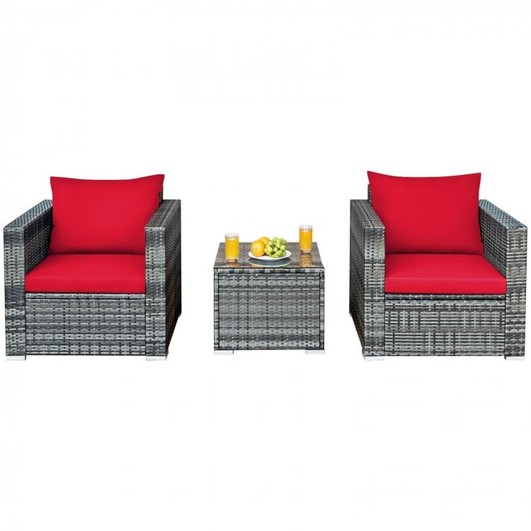 3 Pcs Patio Rattan Furniture Bistro Sofa Set with Cushioned-Red