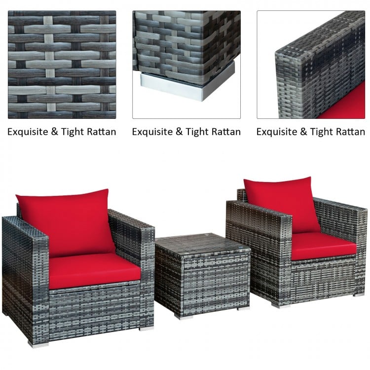 3 Pcs Patio Rattan Furniture Bistro Sofa Set with Cushioned-Red