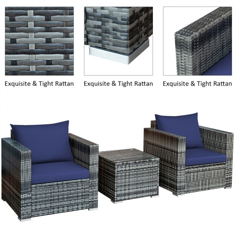 3 Pcs Patio Rattan Furniture Bistro Sofa Set with Cushioned-Navy