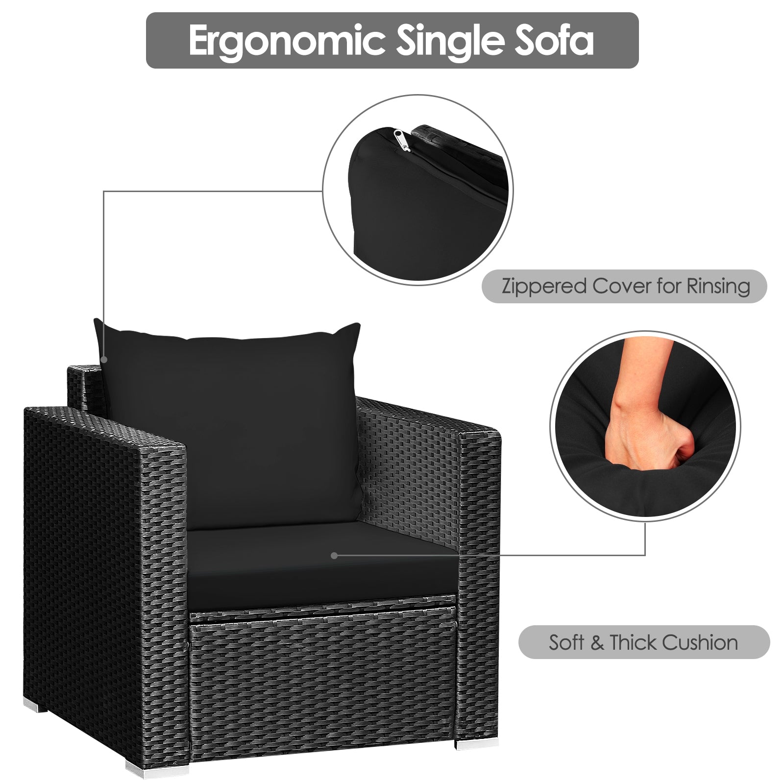 3 Pieces Patio Wicker Conversation Set with Cushion-Black