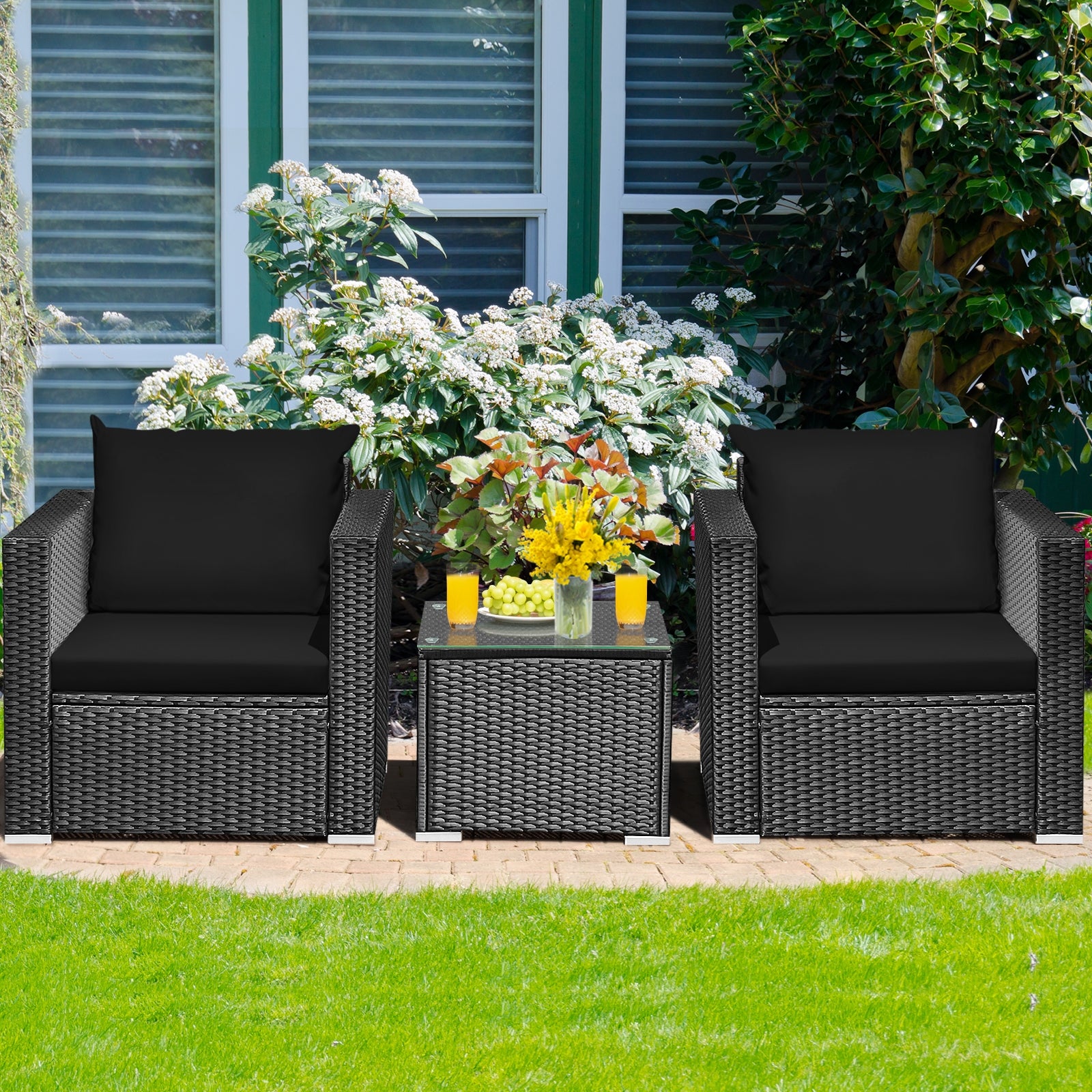 3 Pieces Patio Wicker Conversation Set with Cushion-Black