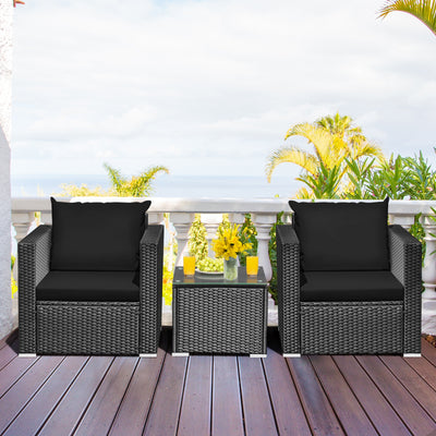 3 Pieces Patio Wicker Conversation SetÂ with Cushion-BlackÂ 