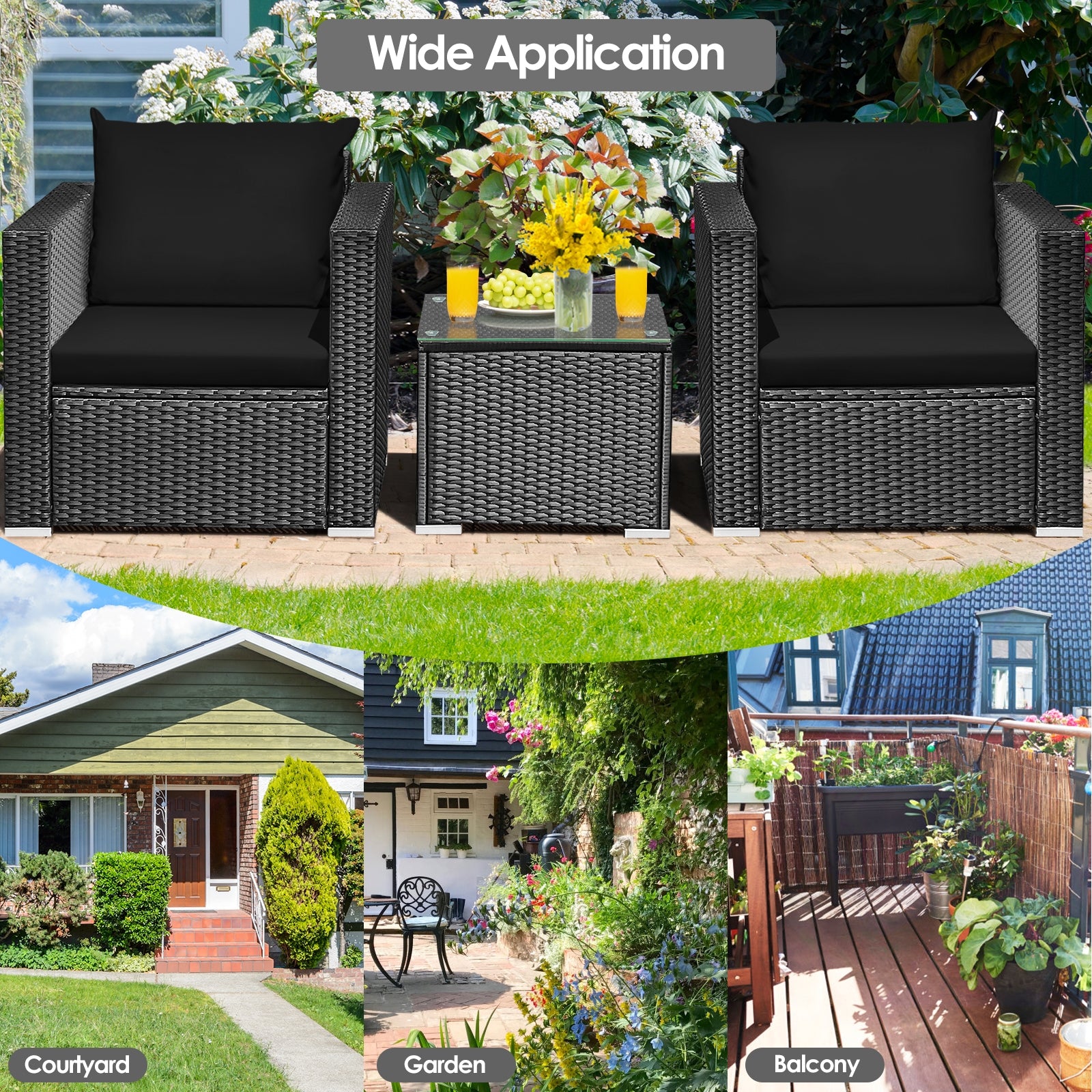 3 Pieces Patio Wicker Conversation Set with Cushion-Black