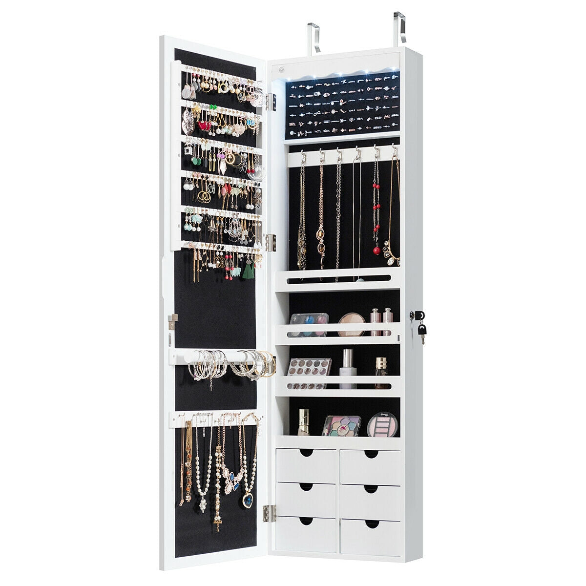 5 LEDs Lockable Mirror Jewelry Cabinet Armoire with 6 Drawers-White