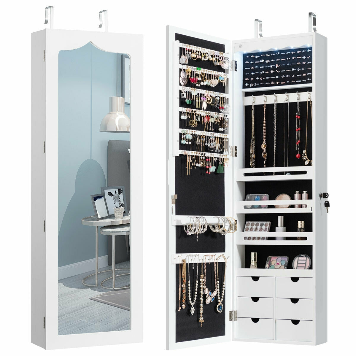 5 LEDs Lockable Mirror Jewelry Cabinet Armoire with 6 Drawers-White