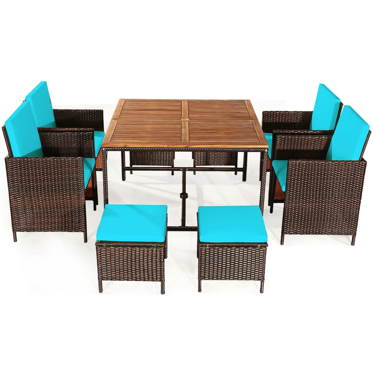 9PCS Patio Rattan Dining Cushioned Chairs Set-Turquoise