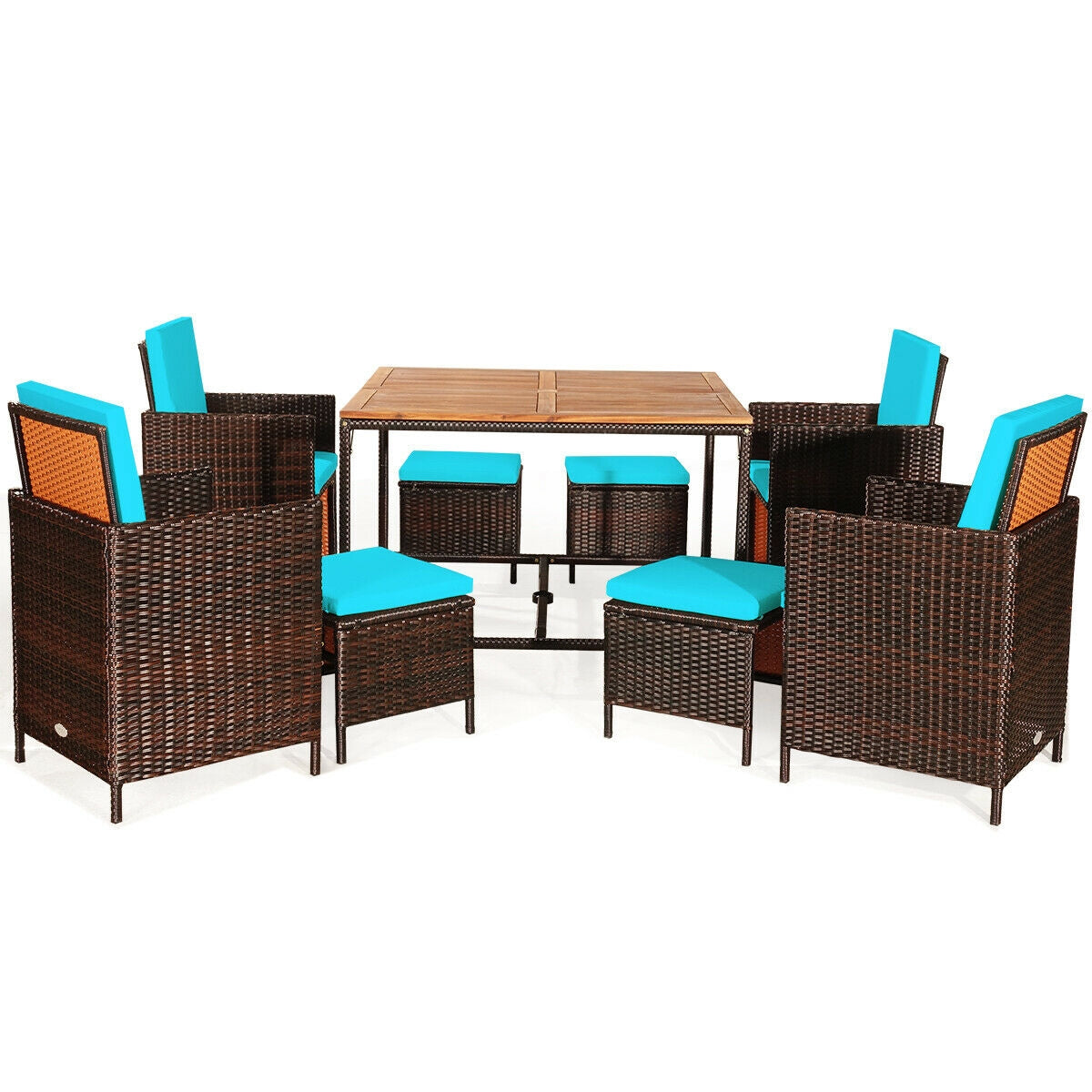 9PCS Patio Rattan Dining Cushioned Chairs Set-Turquoise