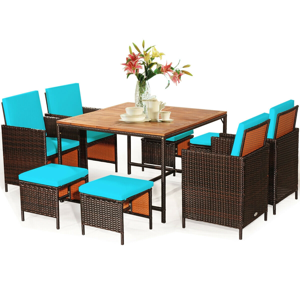 9PCS Patio Rattan Dining Cushioned Chairs Set-Turquoise