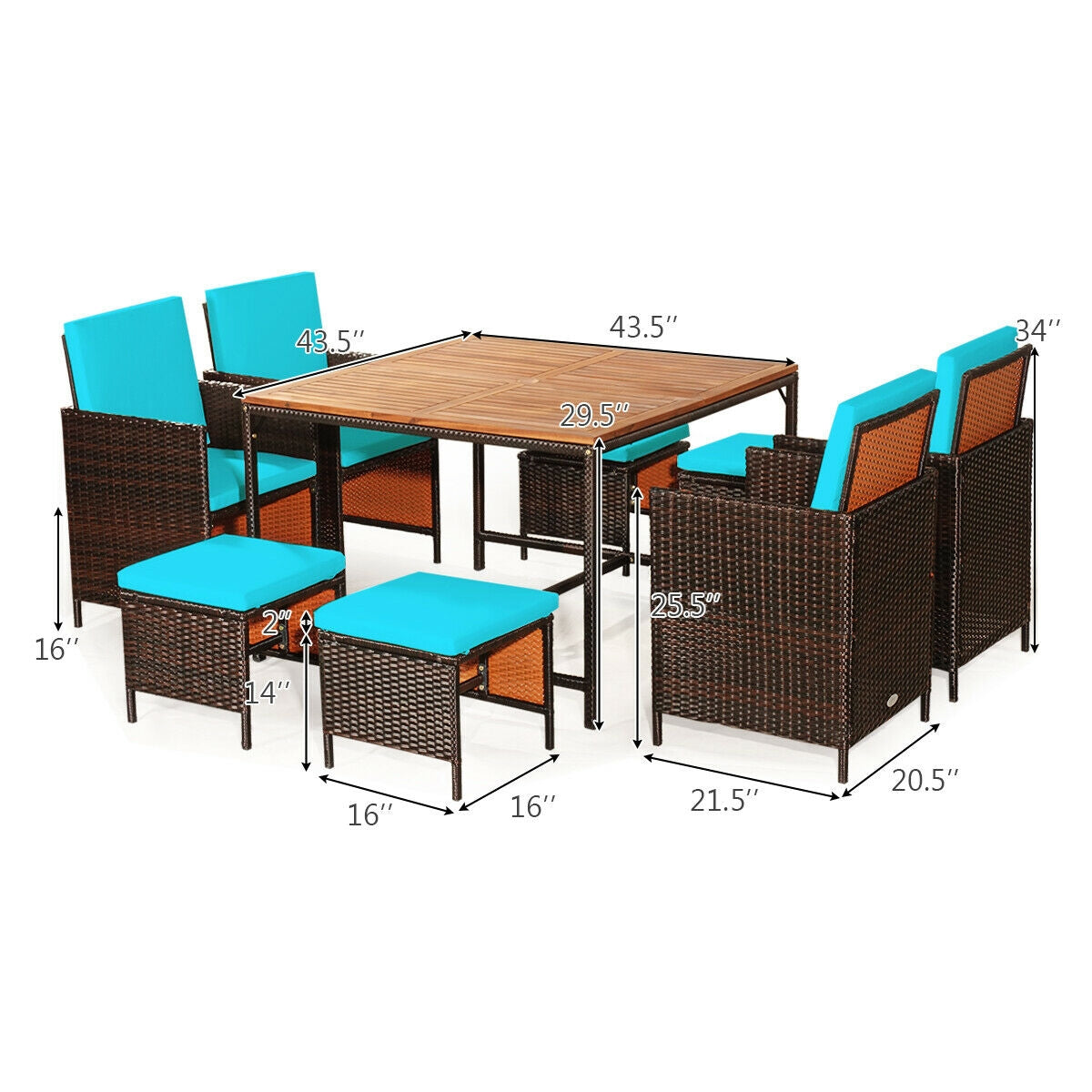 9PCS Patio Rattan Dining Cushioned Chairs Set-Turquoise