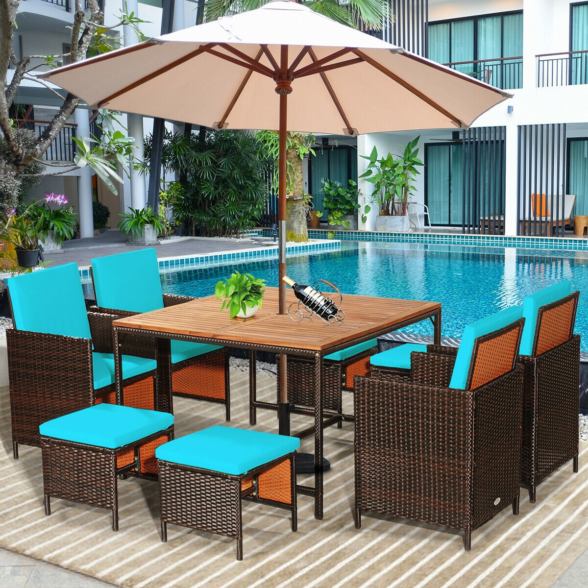 9PCS Patio Rattan Dining Cushioned Chairs Set-Turquoise