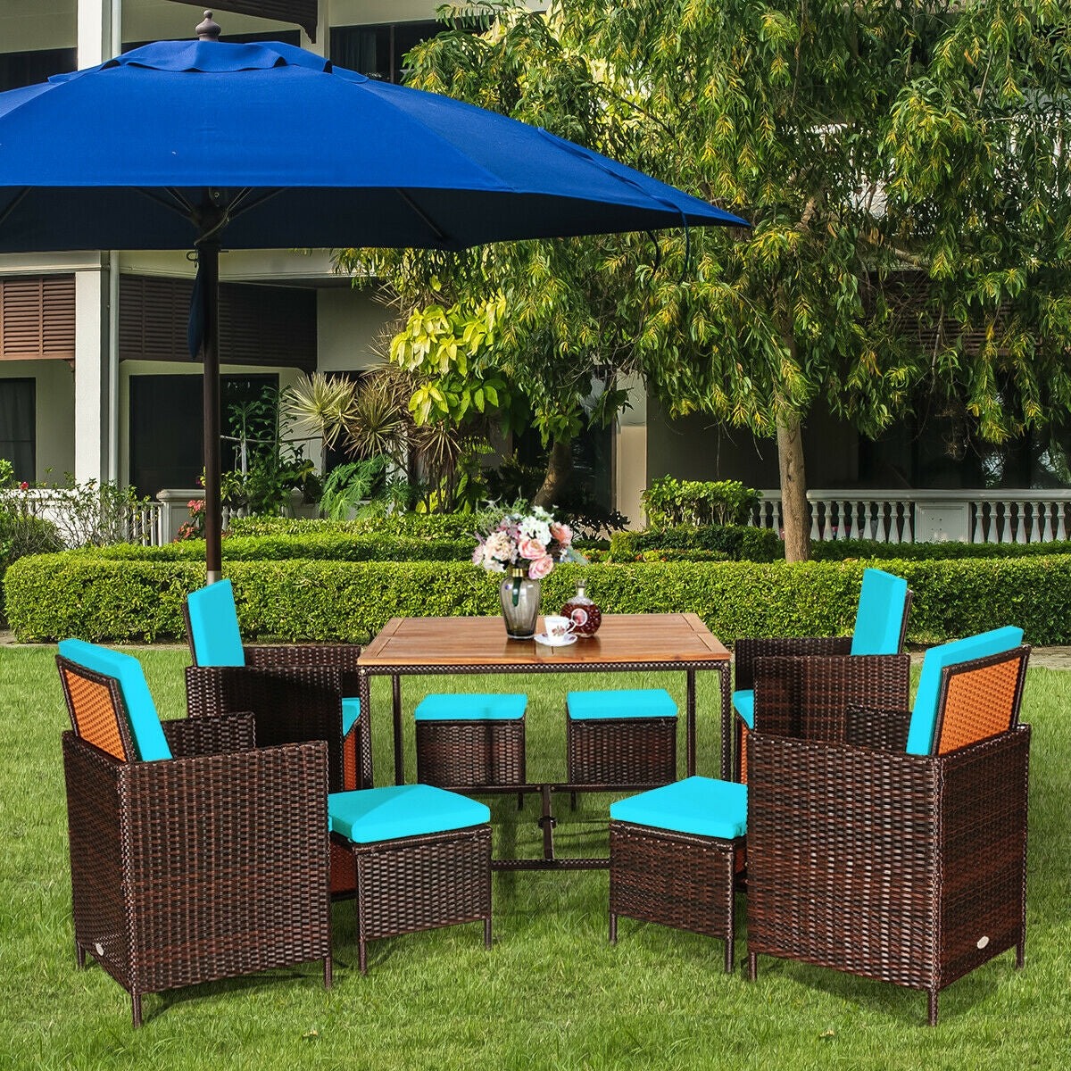 9PCS Patio Rattan Dining Cushioned Chairs Set-Turquoise