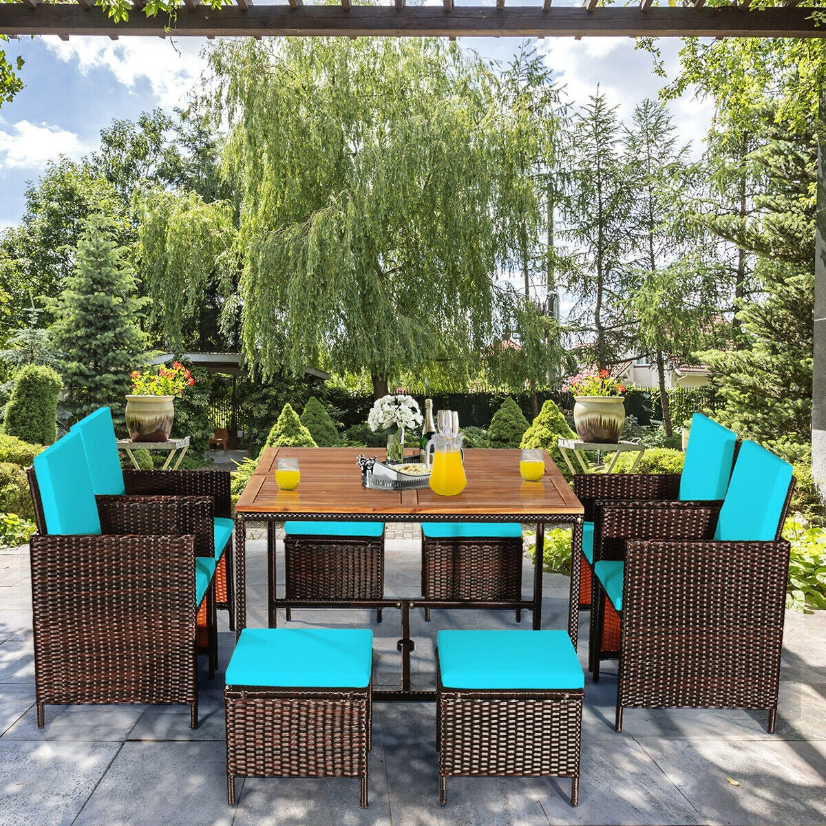 9PCS Patio Rattan Dining Cushioned Chairs Set-Turquoise