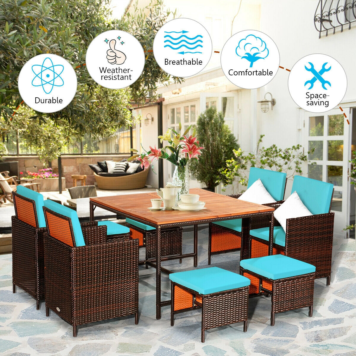 9PCS Patio Rattan Dining Cushioned Chairs Set-Turquoise