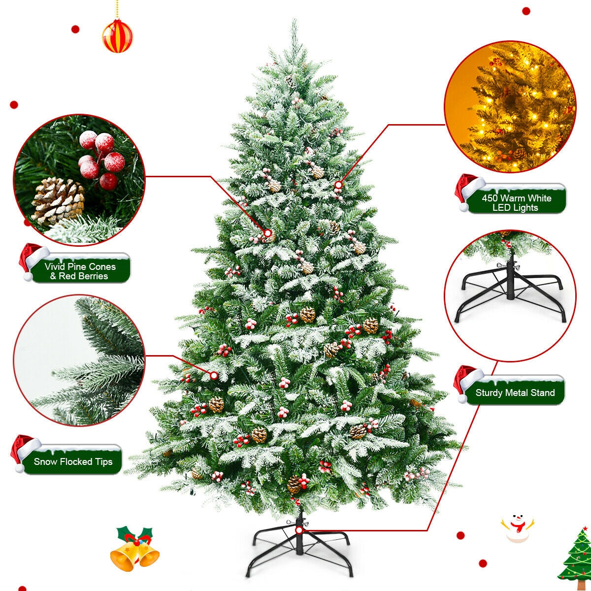 6.5 Feet Pre-lit Snow Flocked Hinged Artificial Christmas Tree