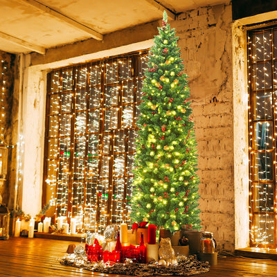 7.5 Feet Pre-lit Hinged Pencil Christmas Tree with Pine Cones Red BerriesÂ 