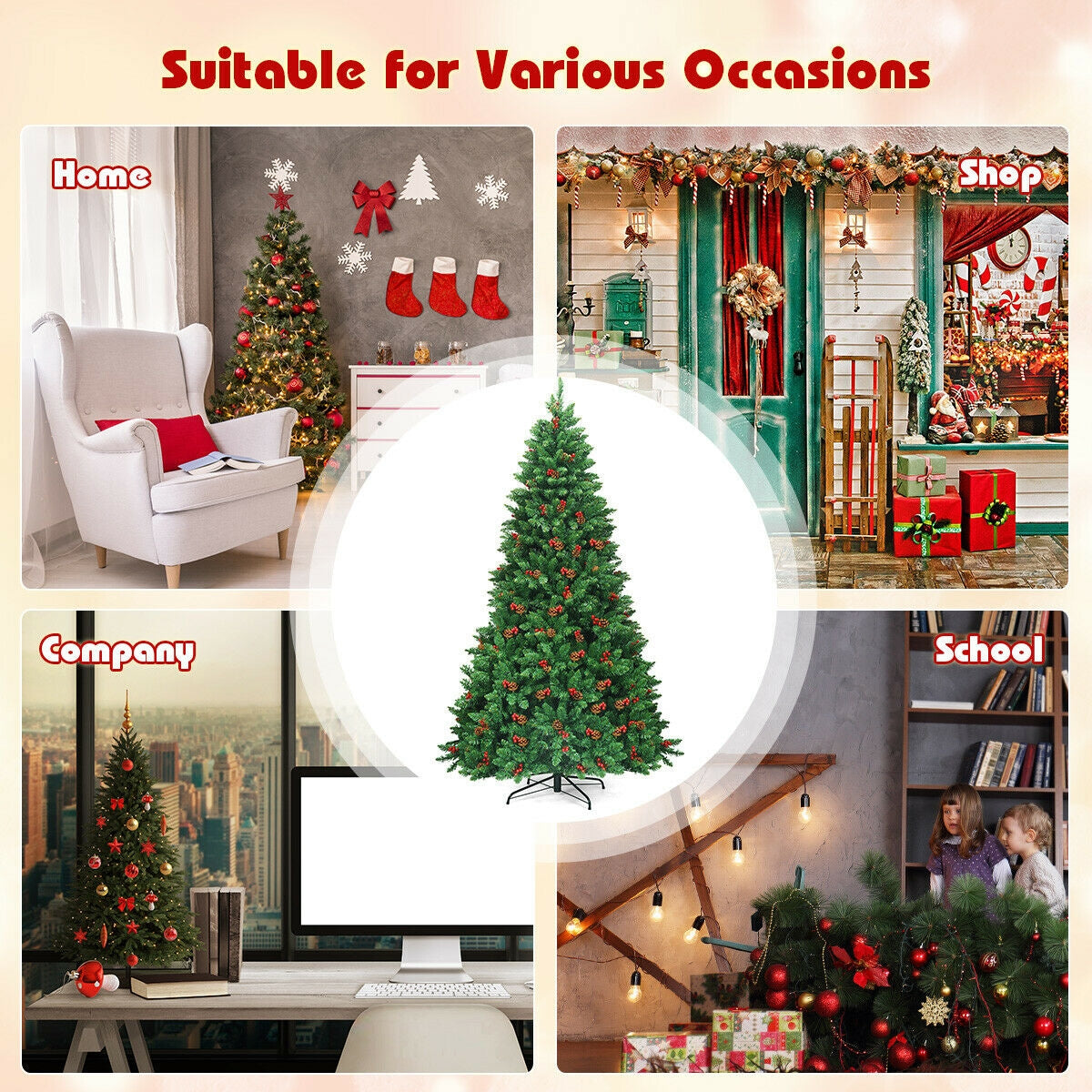 7.5 Feet Pre-lit Hinged Christmas Tree with 550 LED Lights and Sturdy Metal Stand