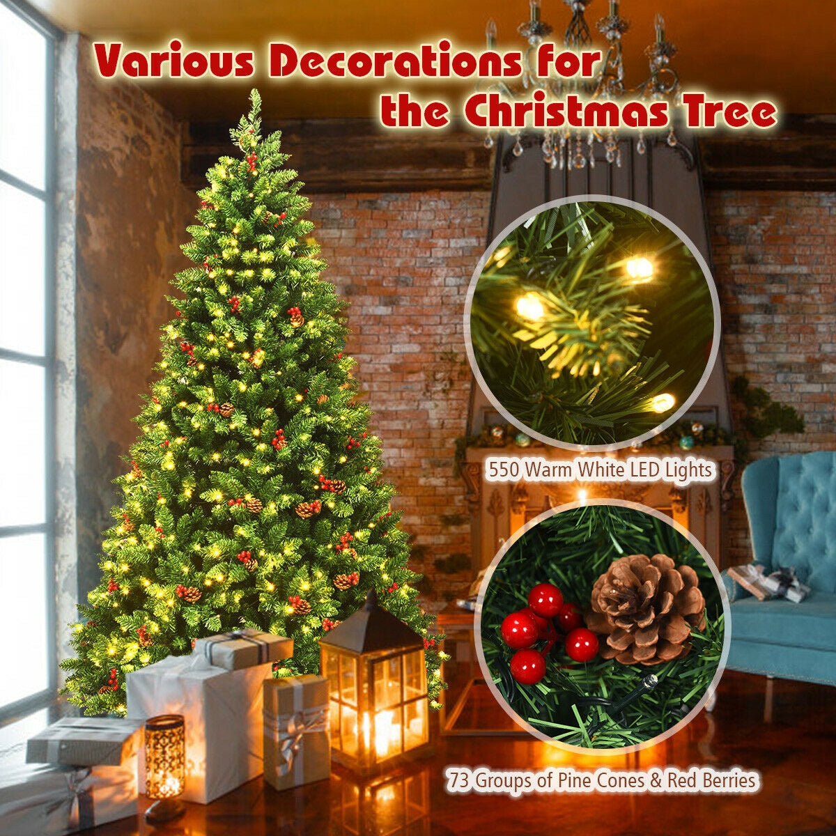 7.5 Feet Pre-lit Hinged Christmas Tree with 550 LED Lights and Sturdy Metal Stand