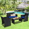 4 Pieces Rattan Patio Furniture Set with Weather Resistant Cushions and Tempered Glass Tabletop-Navy