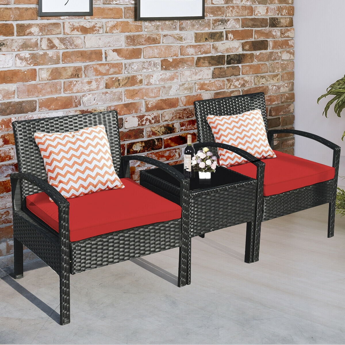 3 Pieces Outdoor Rattan Patio Conversation Set with Seat Cushions-Red