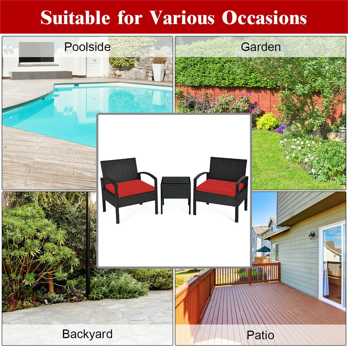 3 Pieces Outdoor Rattan Patio Conversation Set with Seat Cushions-Red